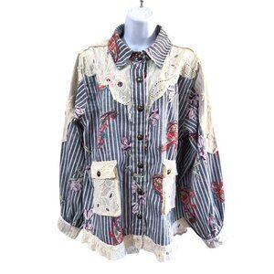POL Women's Striped Paisley Floral Lace Button Up Shirt Size Medium Boho